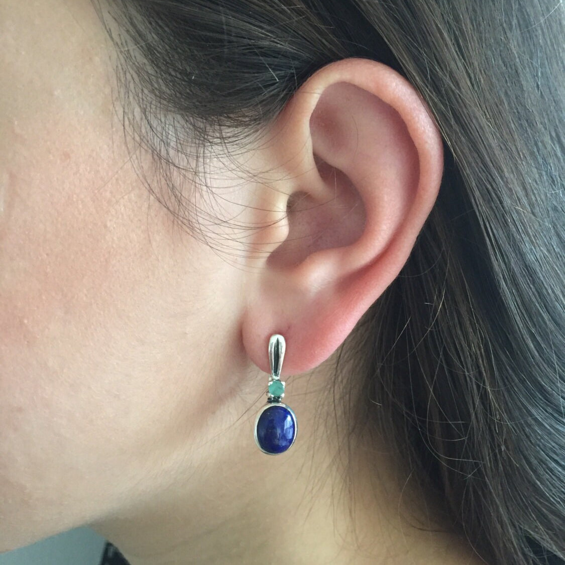 Lapis Earrings, Emerald Earrings, Natural Emerald, Natural Lapis, May Birthstone, Vintage Emerald, Vintage Earrings, Solid Silver, Lapis