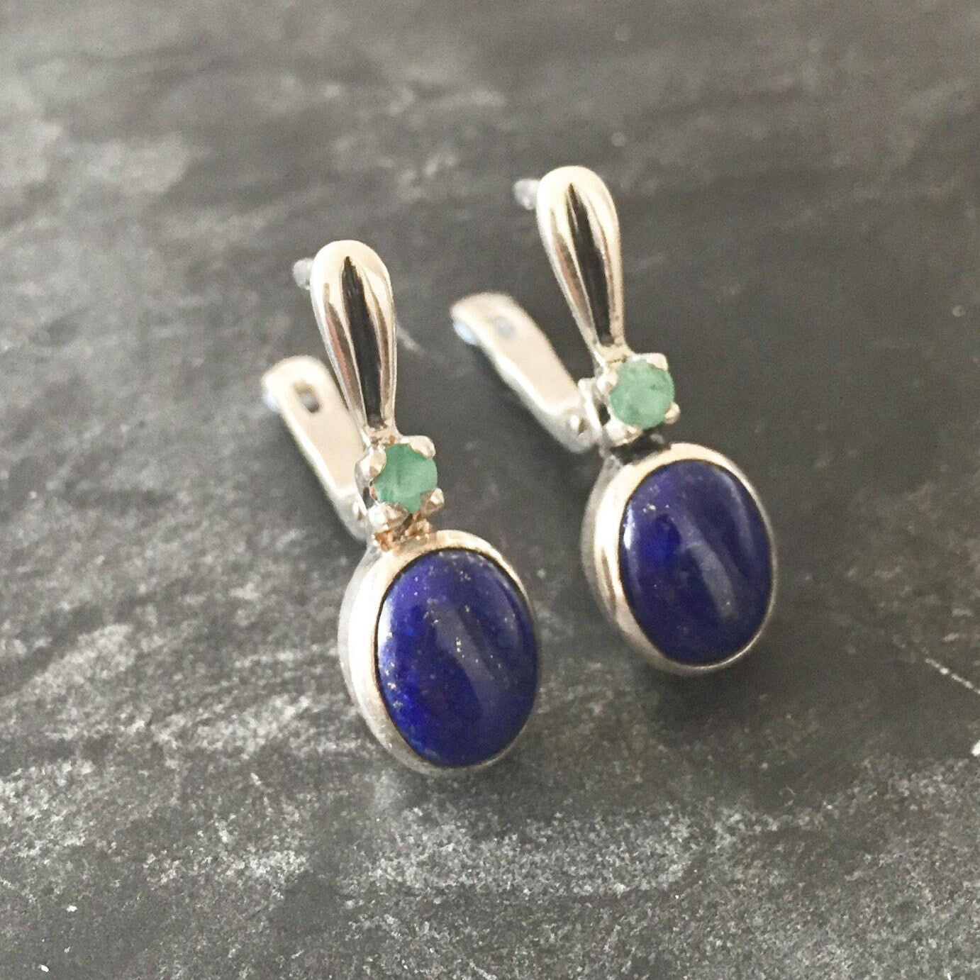 Lapis Earrings, Emerald Earrings, Natural Emerald, Natural Lapis, May Birthstone, Vintage Emerald, Vintage Earrings, Solid Silver, Lapis