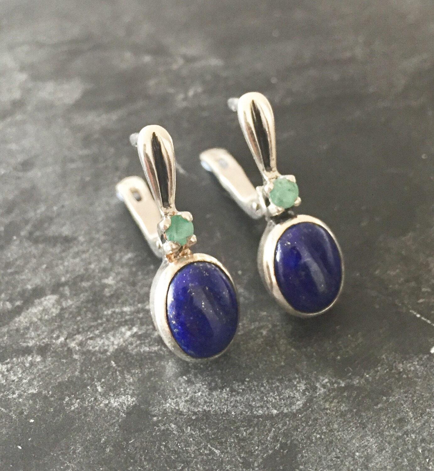 Lapis Earrings, Emerald Earrings, Natural Emerald, Natural Lapis, May Birthstone, Vintage Emerald, Vintage Earrings, Solid Silver, Lapis