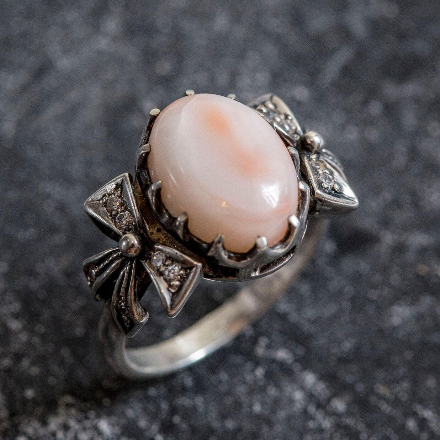 Large Coral Ring, Pink Coral Ring, Natural Coral Ring, Ribbon Ring, March Birthstone Ring, Angel Skin Coral, Vintage Silver Ring, Pink Coral