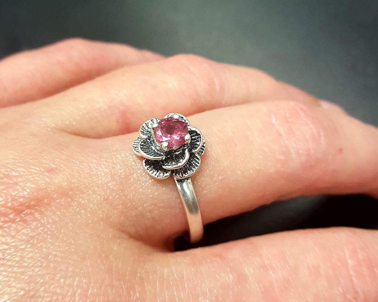 Pink Tourmaline Ring, Tourmaline Ring, Natural Tourmaline, Pink Flower Ring, October Ring, Vintage Flower Ring, 925 Silver Ring, Tourmaline