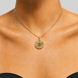 Gold Natural Chrysoprase Necklace - Gold Coin Amulet Pendant - Green Spiral Infinity Necklace