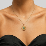 Gold Natural Chrysoprase Necklace - Gold Coin Amulet Pendant - Green Spiral Infinity Necklace