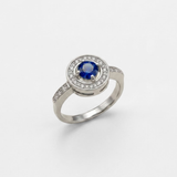 Created Sapphire Ring made in 925 Sterling Silver with Round Created Blue Sapphire in Halo setting, September Birthstone gift idea, symbolizes sincerity, truth, and faithfulness, ideal for everyday wear and perfect for birthday gifting and special occasions.