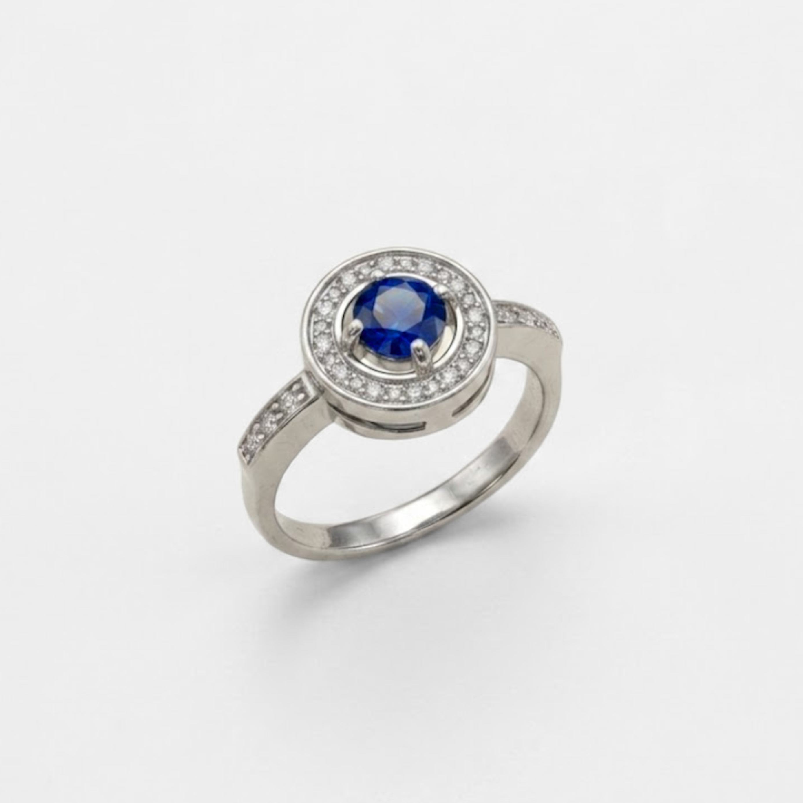 Created Sapphire Ring made in 925 Sterling Silver with Round Created Blue Sapphire in Halo setting, September Birthstone gift idea, symbolizes sincerity, truth, and faithfulness, ideal for everyday wear and perfect for birthday gifting and special occasions.