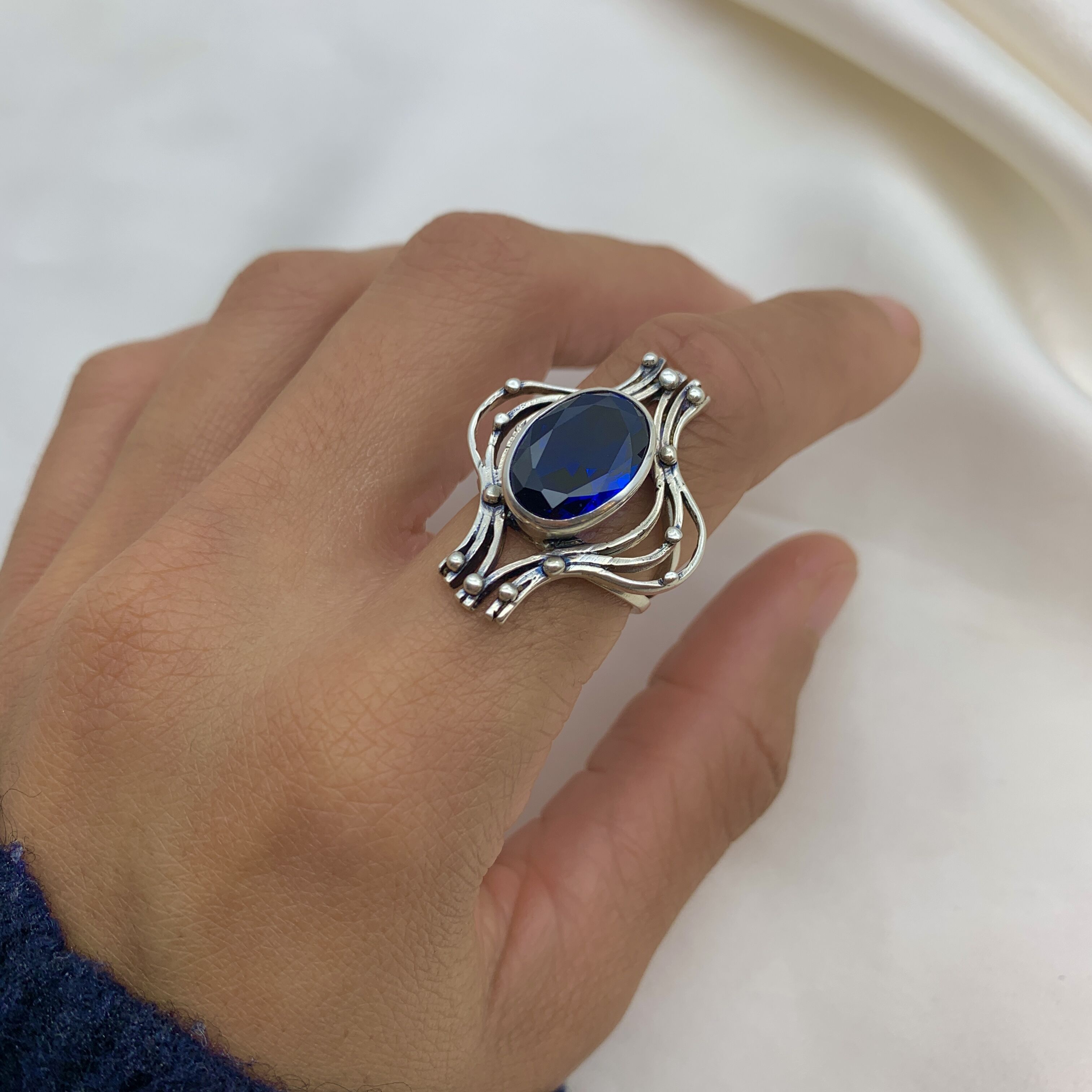 Sapphire Ring in 925 Sterling Silver with Oval Created Blue Sapphire, perfect September birthstone gift for any occasion.