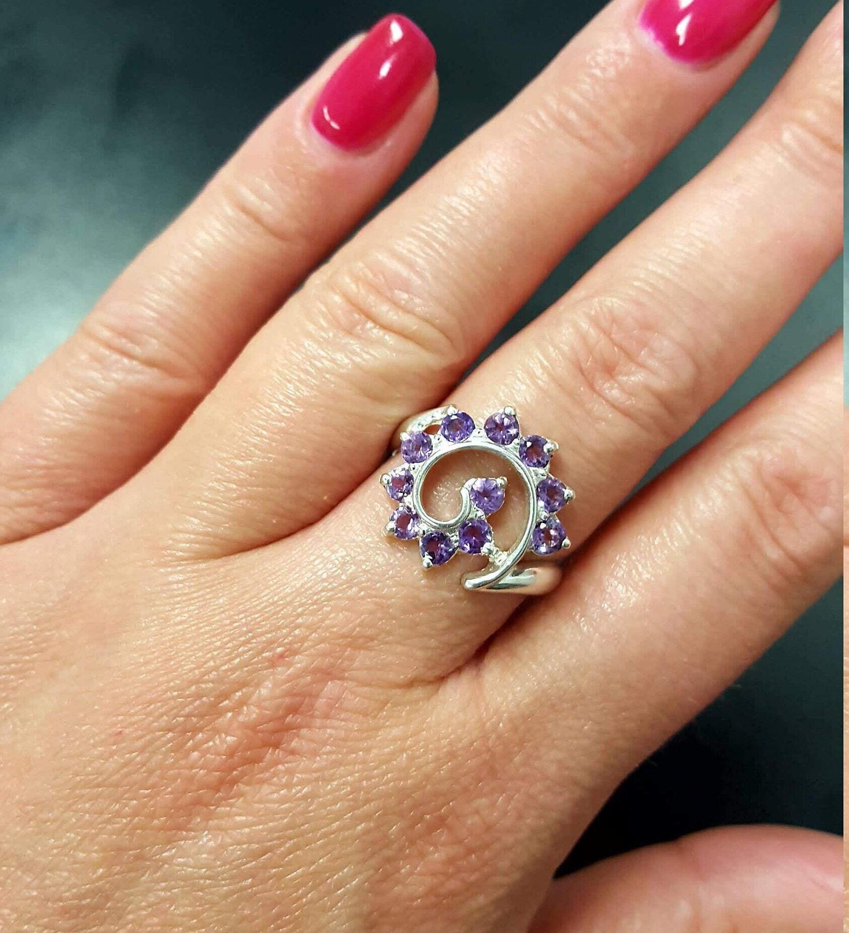 Amethyst Ring, Natural Amethyst, February Birthstone, Swirl Ring, Purple Ring, February Ring, Purple Vintage Ring, 925 Silver Ring, Amethyst