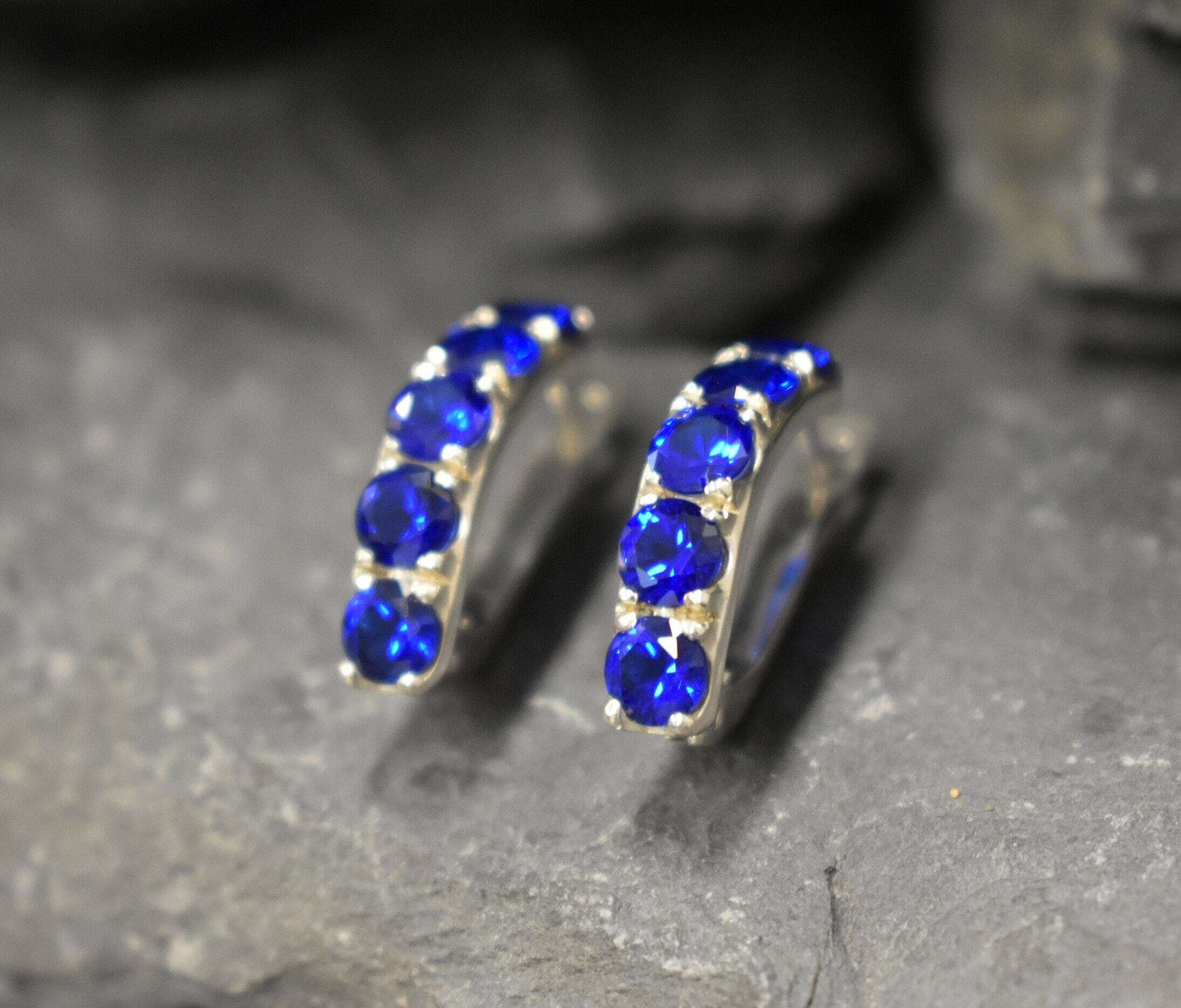Blue Sapphire Earrings - Dainty Hoop Earrings - Silver Blue Huggies