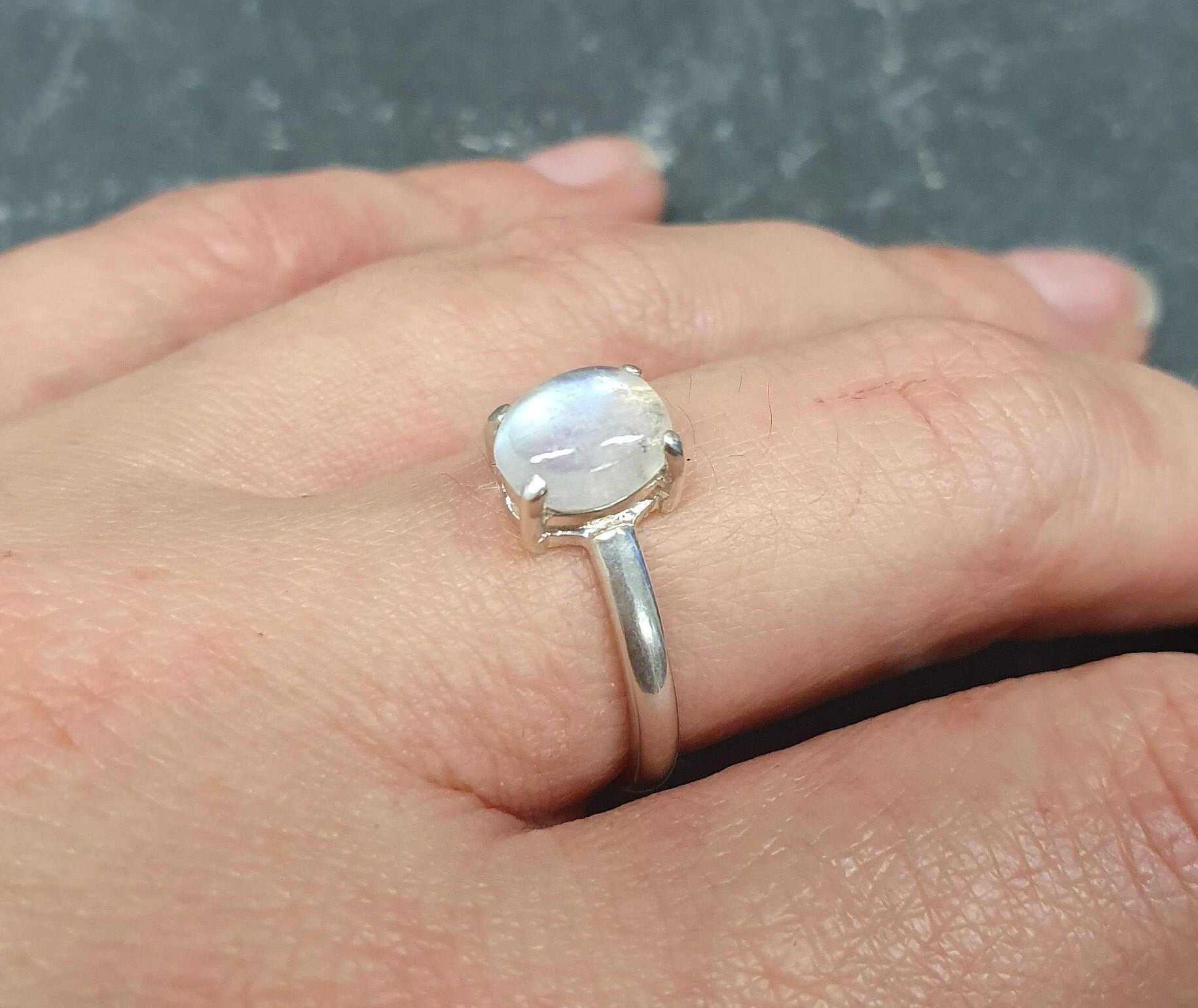 Moonstone Ring, Natural Moonstone Ring, June Birthstone, Solitaire Ring, Rainbow Moonstone, White Vintage Ring, June Ring, Solid Silver Ring