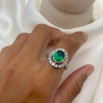Created Emerald Ring made in 925 Sterling Silver with Oval Created Green Emerald in Halo setting, May Birthstone gift idea, symbolizes, ideal for everyday wear and perfect for birthday gifting and special occasions.