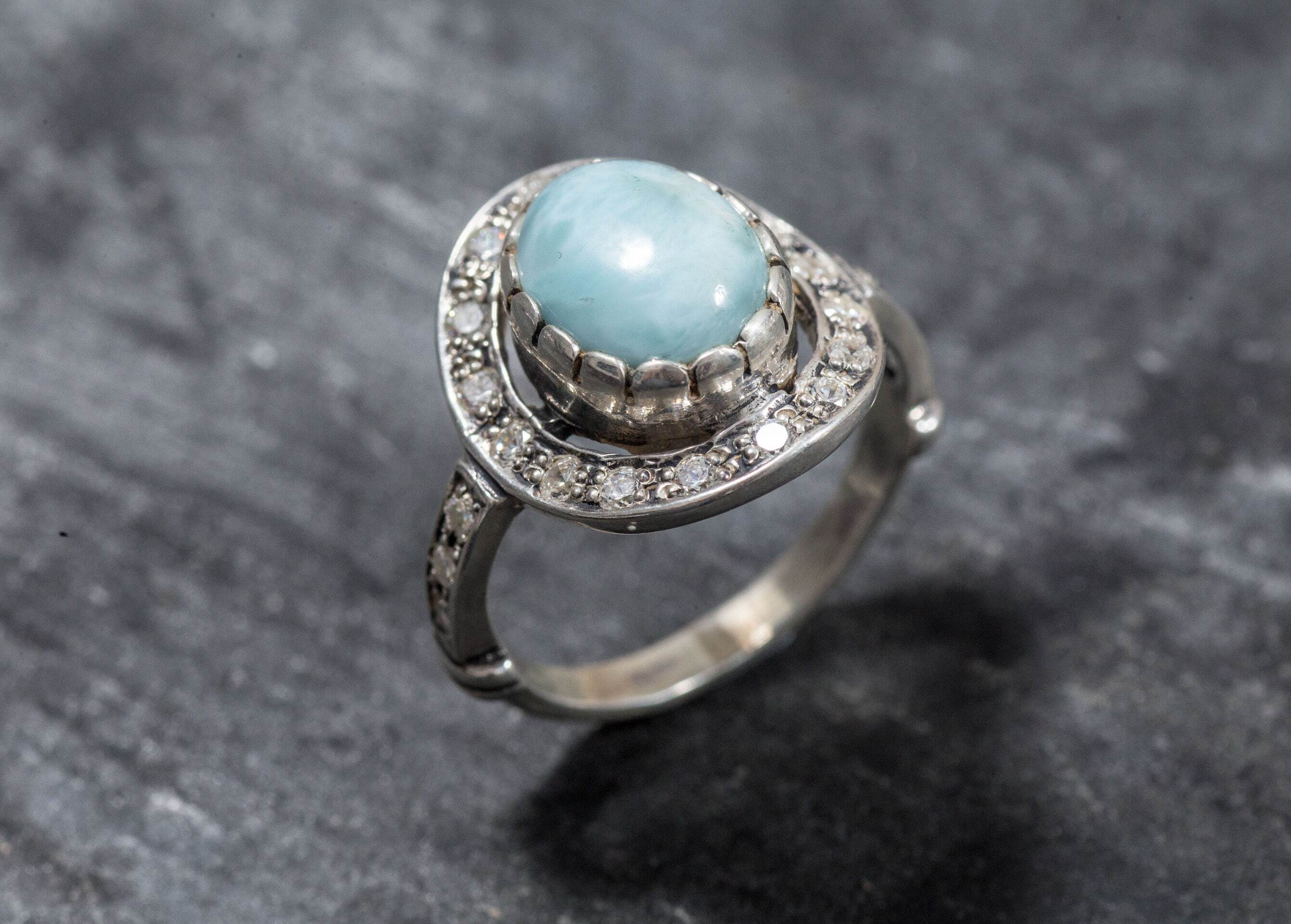 Larimar Ring, March Birthstone, Natural Larimar, Vintage Ring, March Ring, Jewel of Atlantis, Solid Silver Ring, Healing Stones, Pure Silver