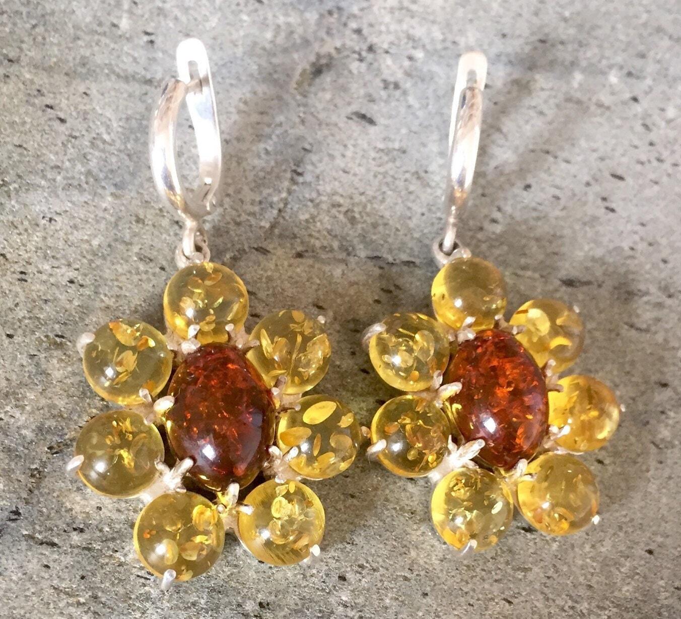 Amber Earrings, Natural Amber, Vintage Chandelier Earrings, Vintage Earrings, Yellow Stone, Yellow Gemstone, Healing Stones, Pure Silver