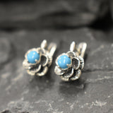 Genuine Turquoise Earrings - Arizona Turquoise Earrings - Blue Flower Studs
