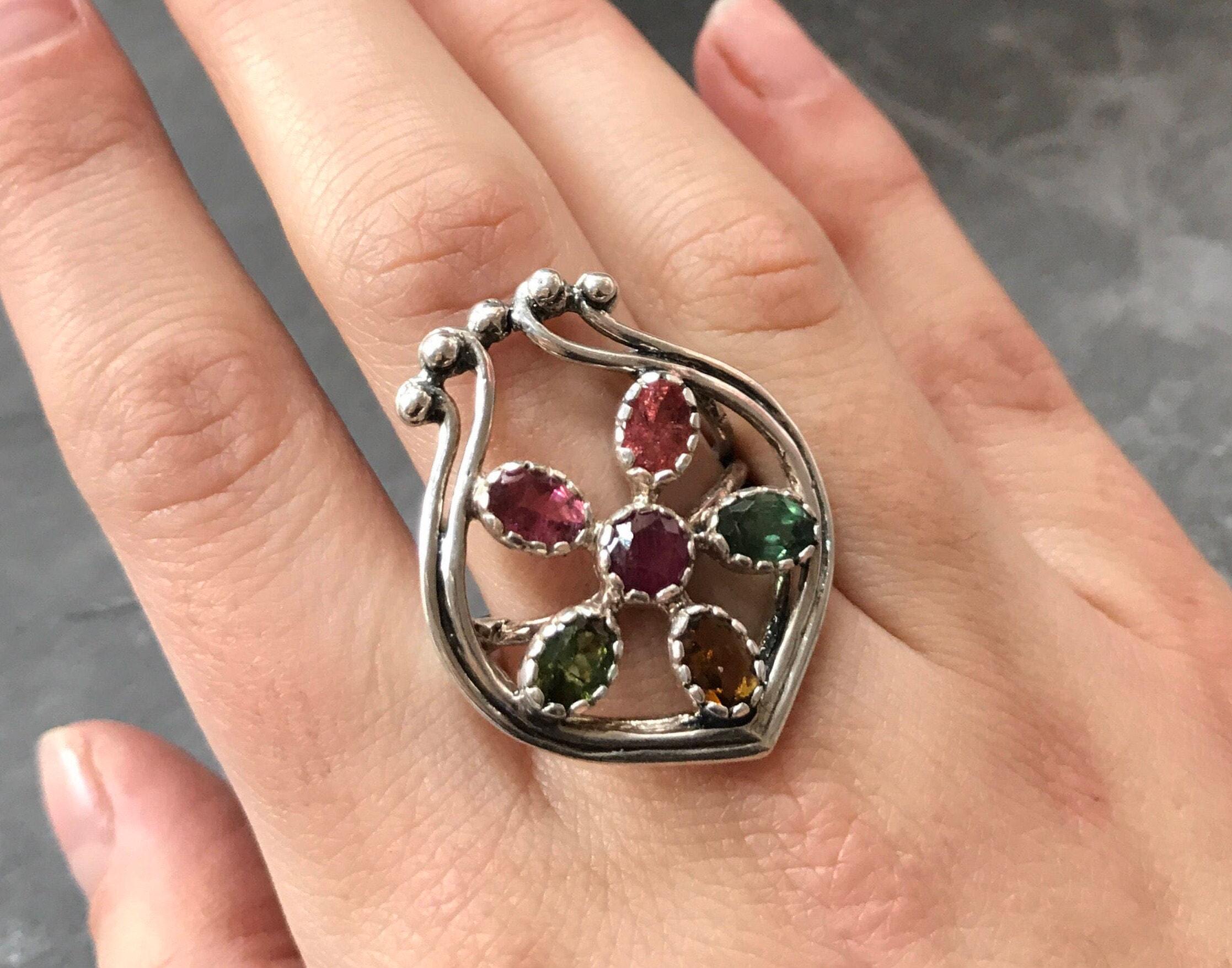 Natural Tourmaline Ring, Vintage Rings, Flower Ring, Yellow Tourmaline, Green Tourmaline, Pink Tourmaline, Ruby Ring, October Birthstone