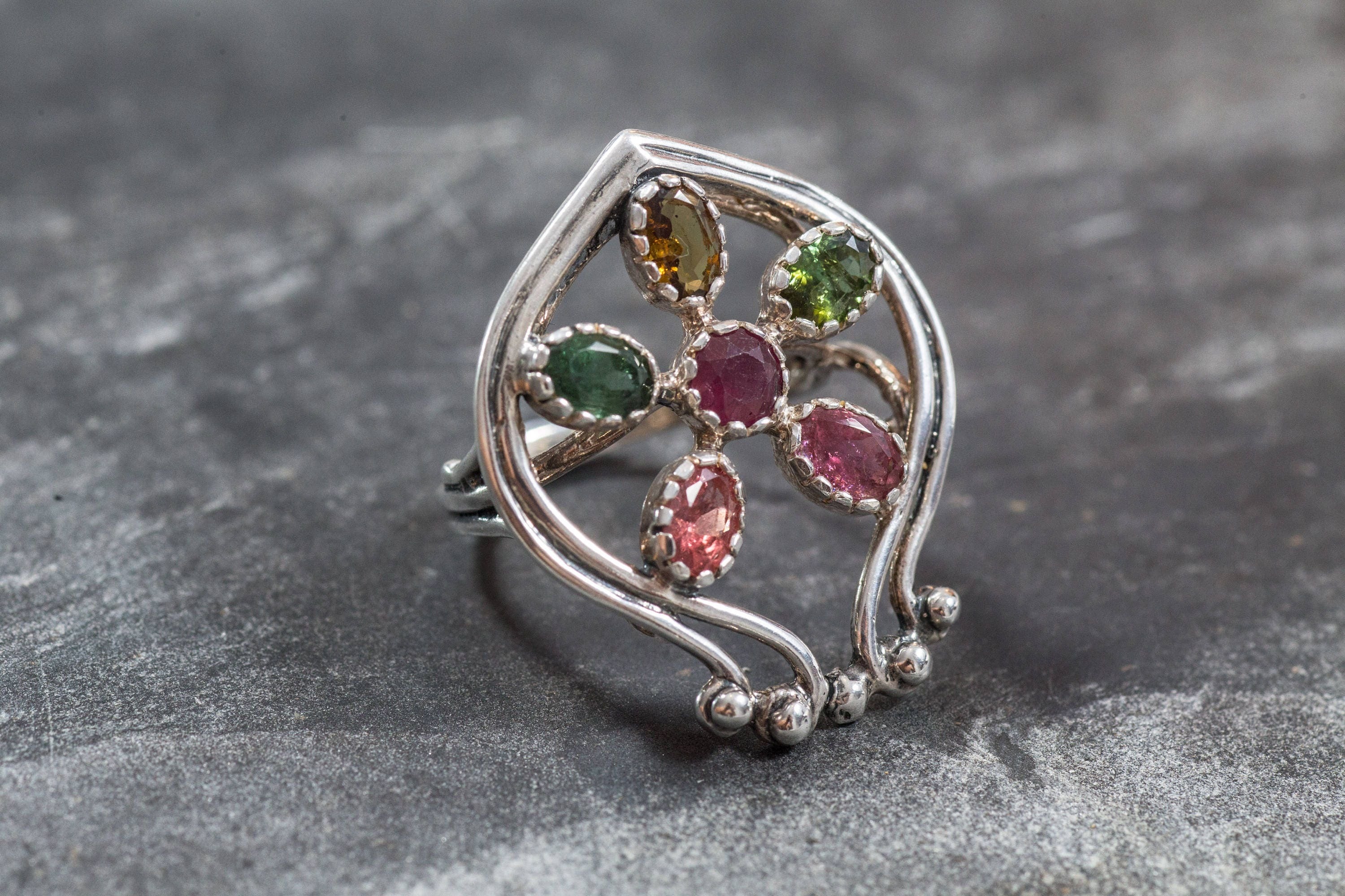 Natural Tourmaline Ring, Vintage Rings, Flower Ring, Yellow Tourmaline, Green Tourmaline, Pink Tourmaline, Ruby Ring, October Birthstone