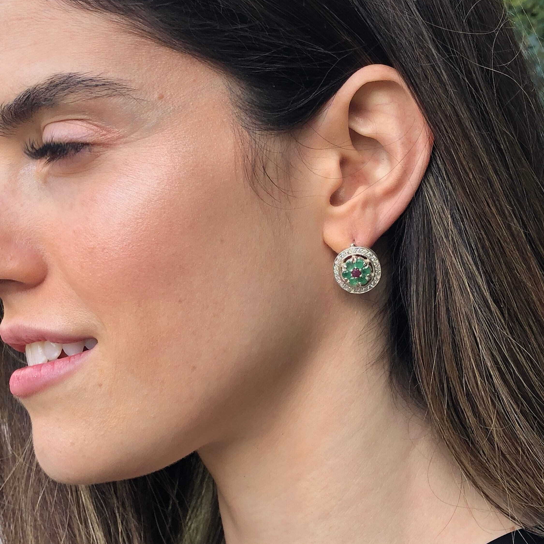 Elegant 925 Sterling Silver Natural Emerald Earrings, featuring round emeralds in cluster design, perfect for May birthdays.