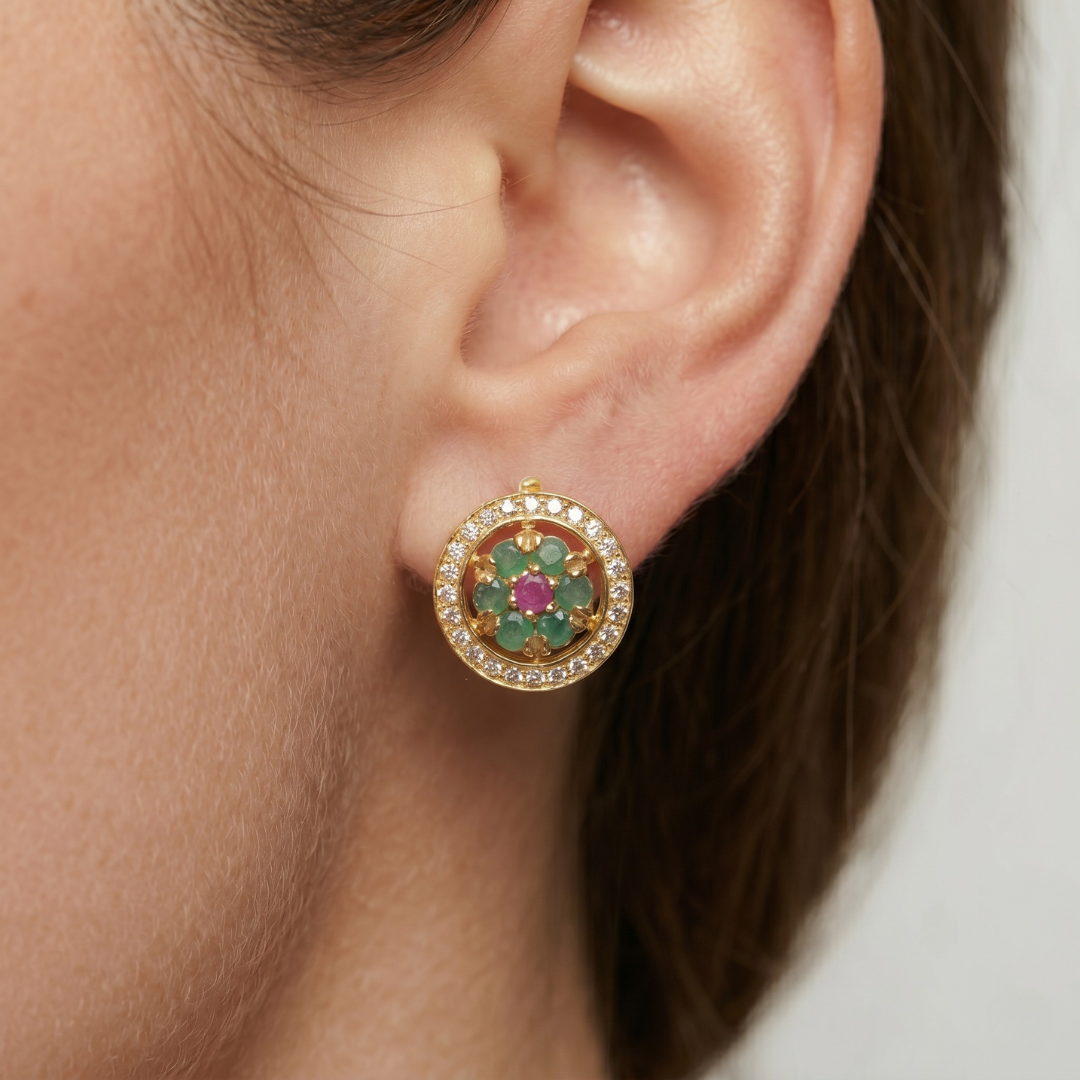 Natural Emerald Earrings in 18k Gold Vermeil, cluster setting, perfect for May birthdays, symbolizes growth and harmony.