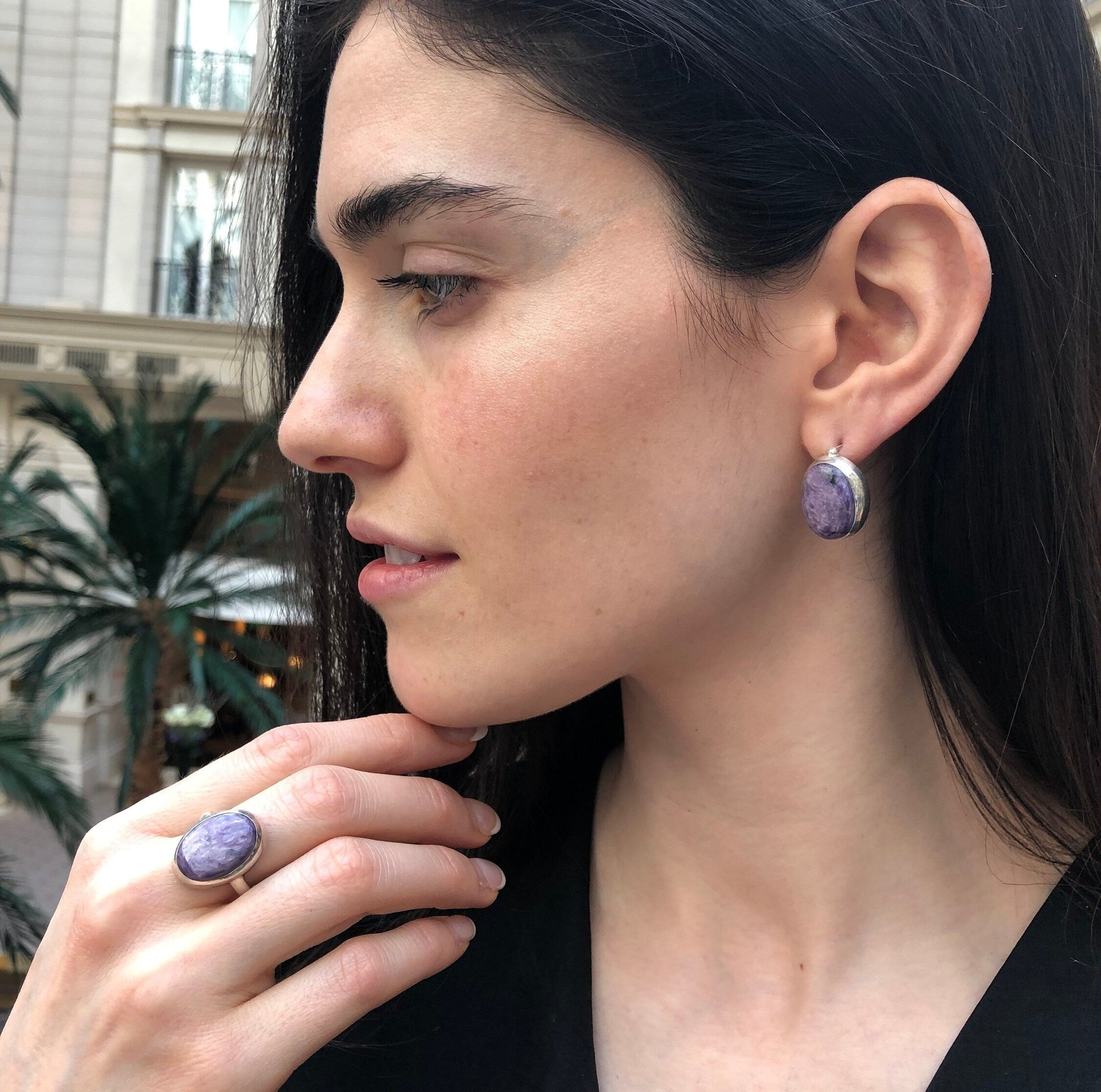 Large Oval Earrings, Charoite Earrings, Heavy Studs, Gemini Birthstone, Purple Earrings, Large Studs, Retro Earrings, Solid Silver Earrings