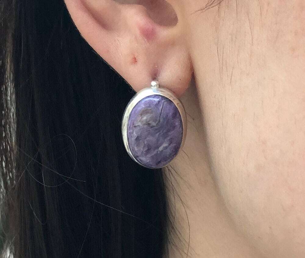 Large Oval Earrings, Charoite Earrings, Heavy Studs, Gemini Birthstone, Purple Earrings, Large Studs, Retro Earrings, Solid Silver Earrings