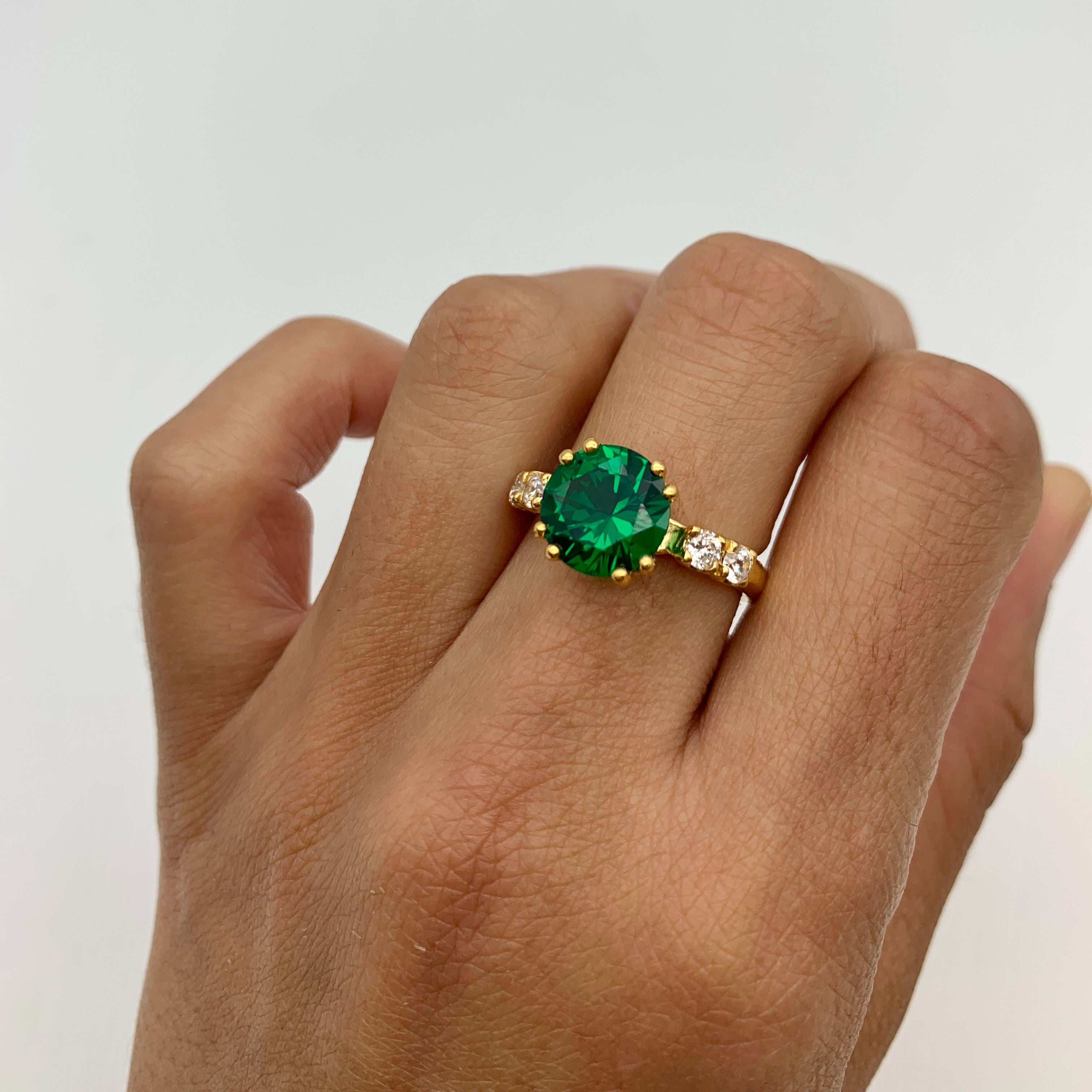 Beautiful 18k Gold Vermeil Emerald Ring with a Round Created Green Emerald, a lovely May birthstone gift for any occasion.