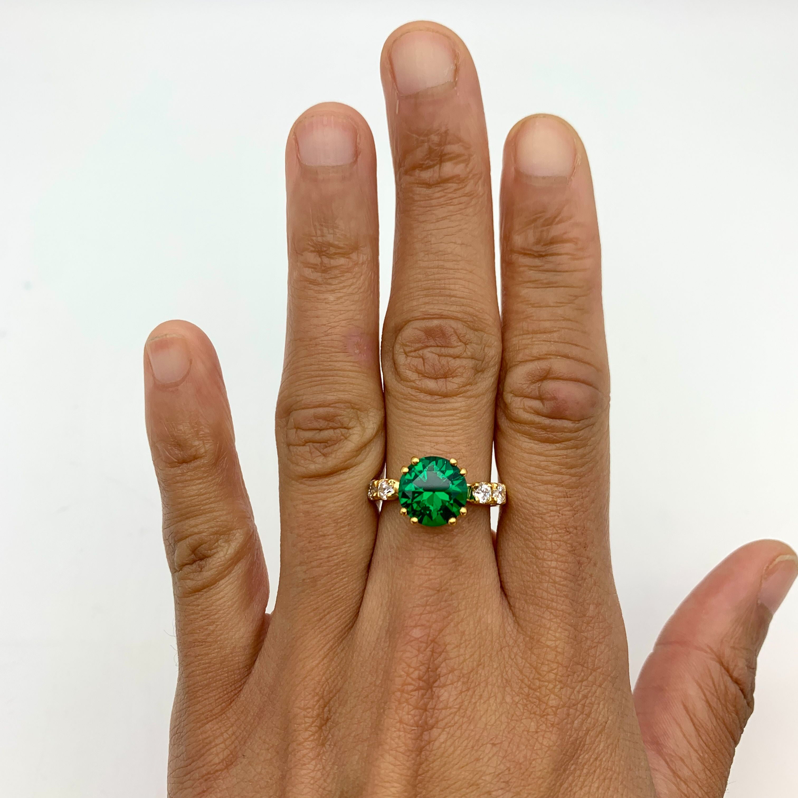 Chic 18k Gold Vermeil Emerald Ring showcasing a Round Created Green Emerald, a timeless gift for May birthdays and special events.