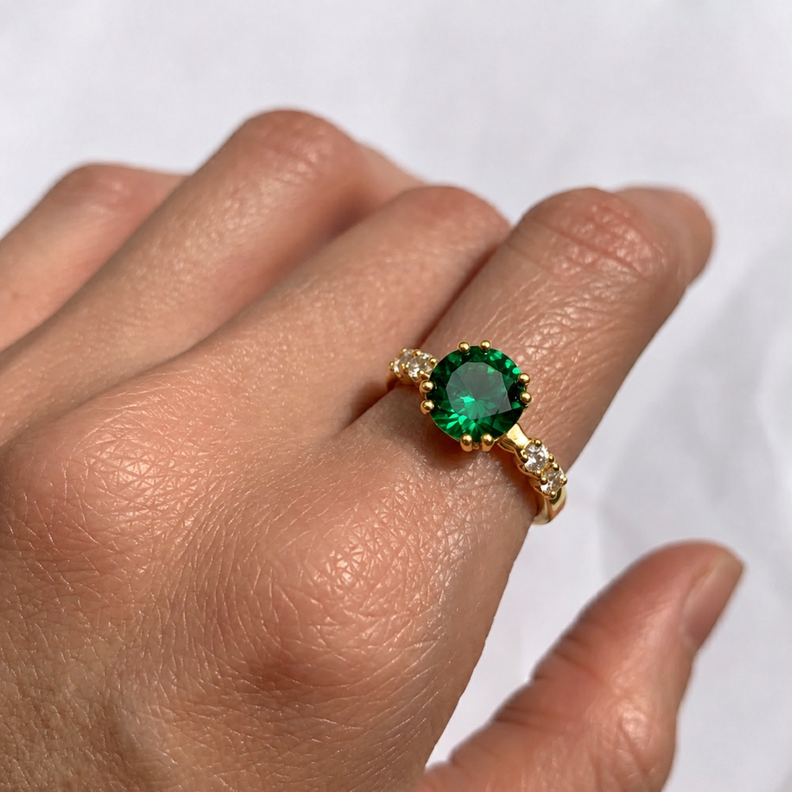Elegant Emerald Ring in 18k Gold Vermeil, featuring a Round Created Green Emerald, perfect for May birthdays and special occasions.