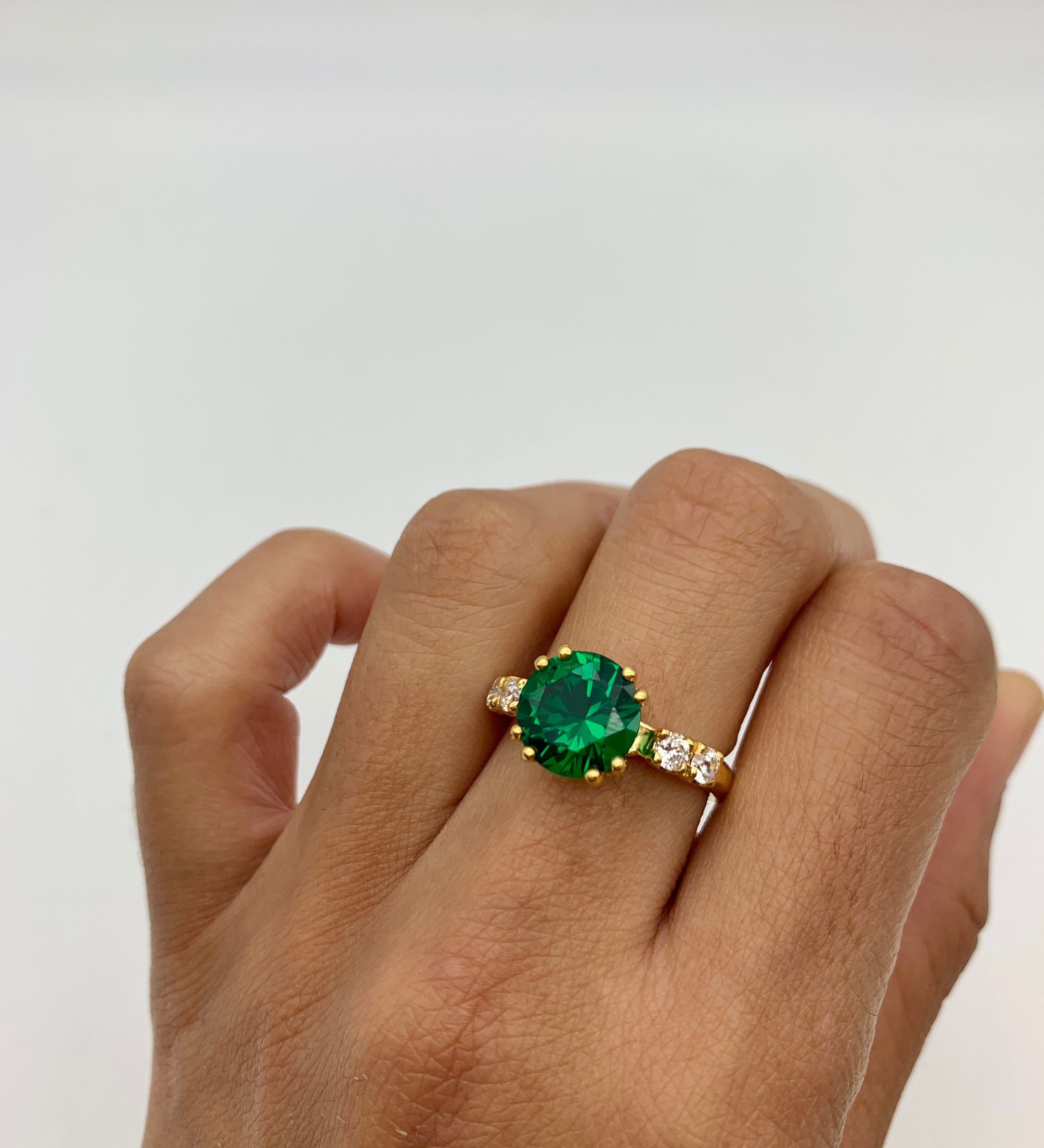 Elegant Emerald Ring in 18k Gold Vermeil, featuring a Round Created Green Emerald, perfect for May birthdays and special occasions.
