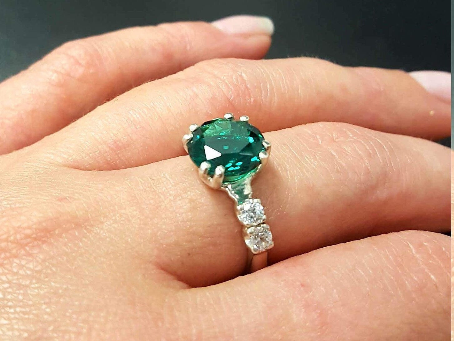 Elegant Created Emerald Ring in 925 Sterling Silver, May Birthstone gift for special occasions and everyday wear.