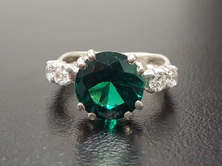 Created Emerald Ring made in 925 Sterling Silver with Round Created Green Emerald in Prong setting, May Birthstone gift idea, symbolizes, ideal for everyday wear and perfect for birthday gifting and special occasions.
