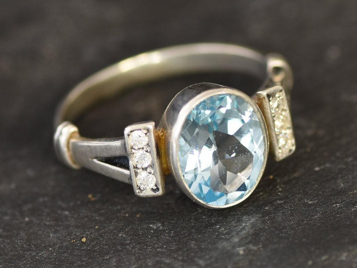Blue Topaz Ring, Antique Ring, Natural Blue Topaz, Proposal Ring, December Birthstone, Promise Ring, 2 Carat Solitaire, Solid Silver Ring