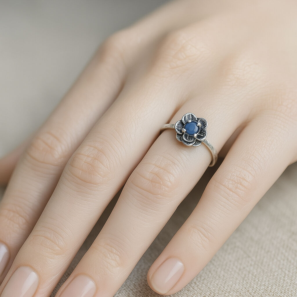 Elegant 925 Sterling Silver Natural Sapphire Ring with a round blue gemstone, perfect for birthdays and special occasions.