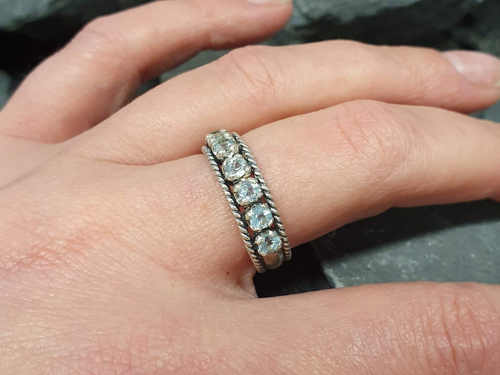 Half Eternity Ring, Bezel Ring, Blue Topaz Ring, Bridal Band, Natural Blue Topaz, Solid Silver Ring, Pure Silver, Sterling Silver Ring