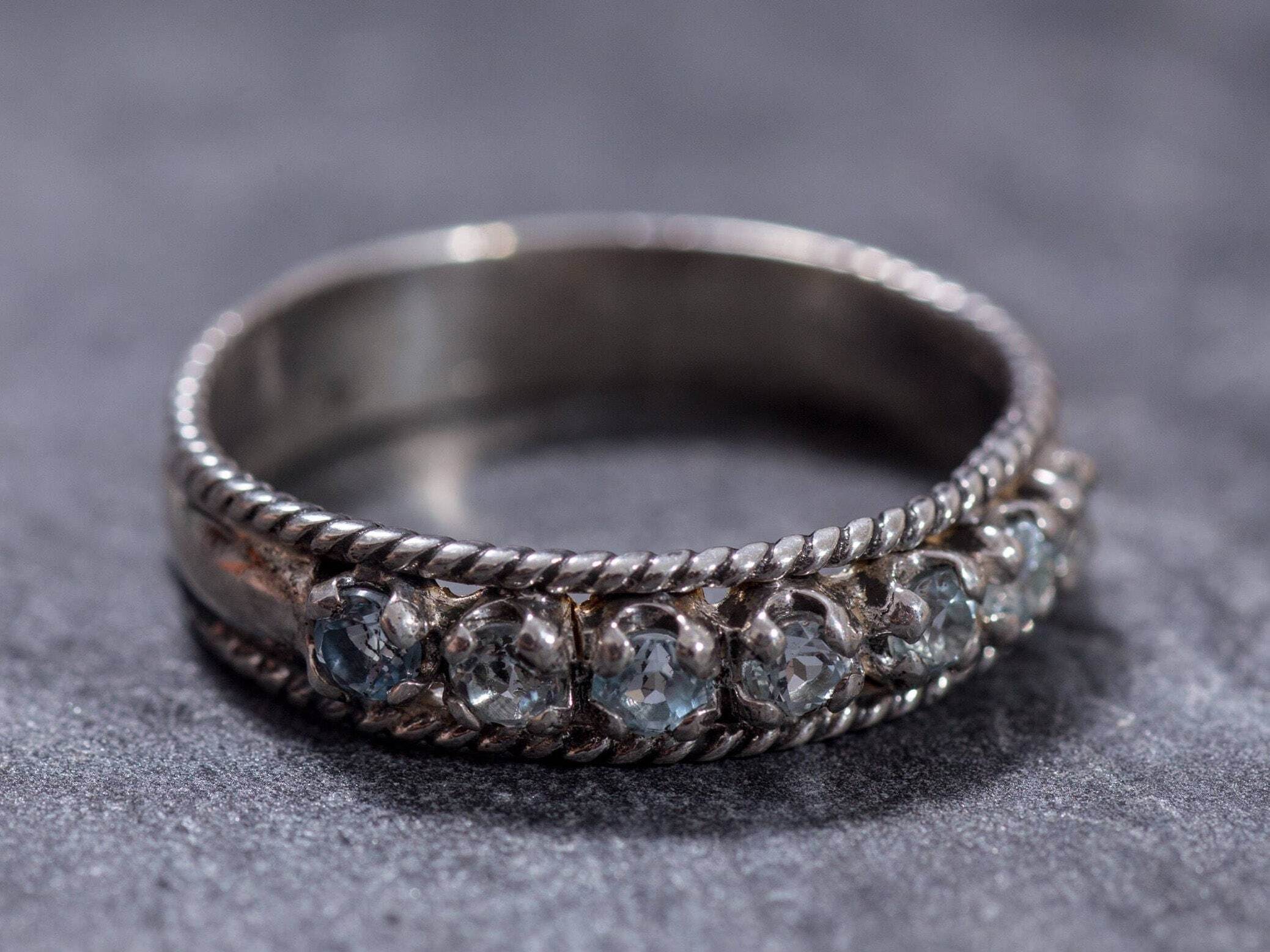 Half Eternity Ring, Bezel Ring, Blue Topaz Ring, Bridal Band, Natural Blue Topaz, Solid Silver Ring, Pure Silver, Sterling Silver Ring