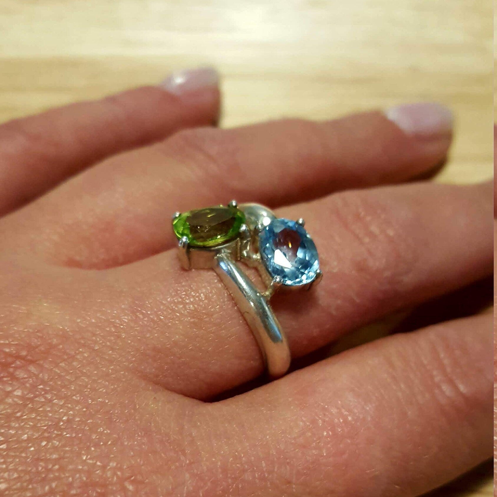 Blue Topaz Ring, Peridot Ring, Birthstone Ring, Natural Blue Topaz, Natural Peridot, Two Stone Ring, August Birthstone, Solid Silver Ring