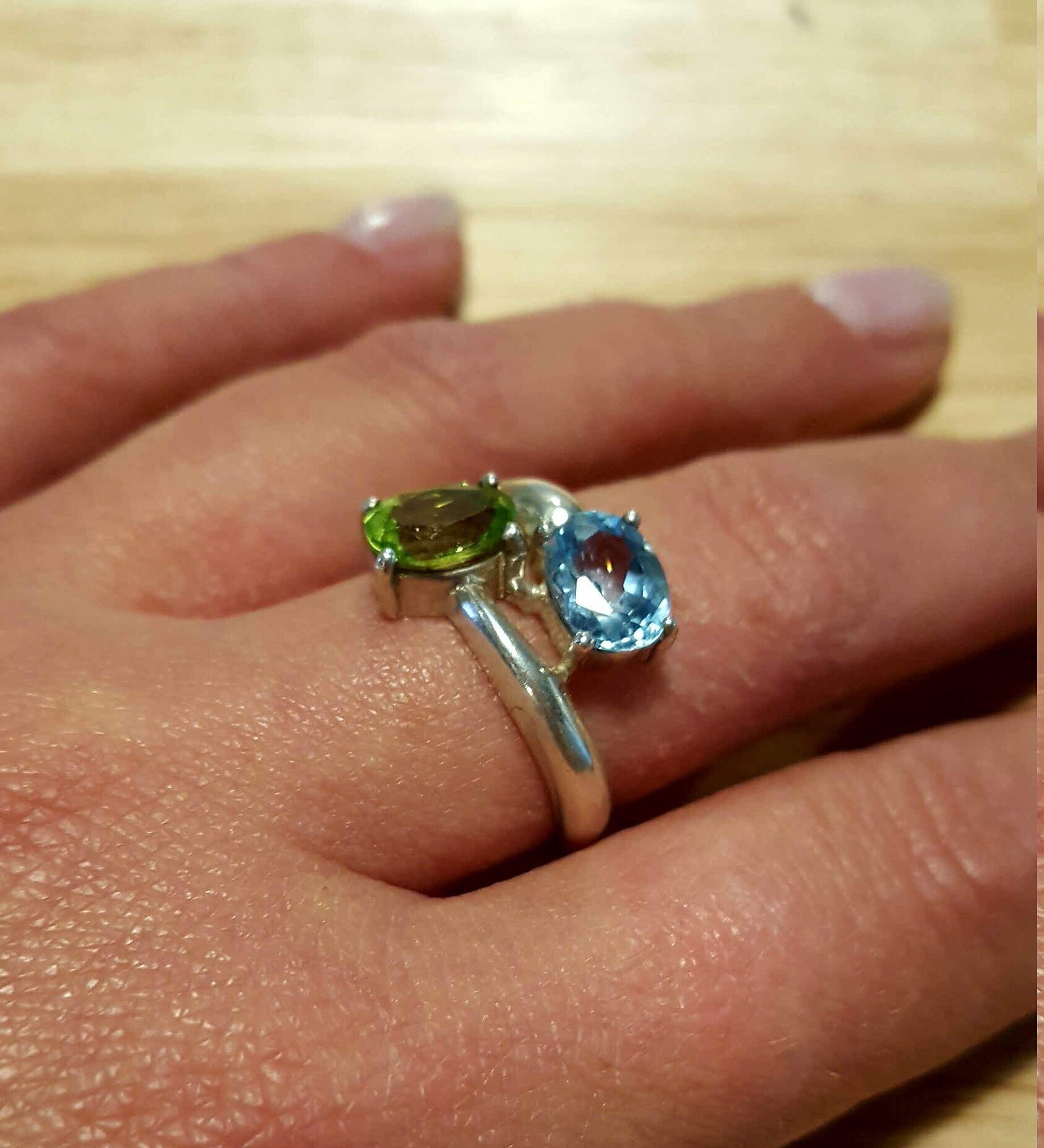 Blue Topaz Ring, Peridot Ring, Birthstone Ring, Natural Blue Topaz, Natural Peridot, Two Stone Ring, August Birthstone, Solid Silver Ring