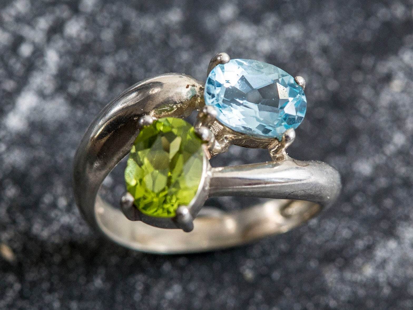 Blue Topaz Ring, Peridot Ring, Birthstone Ring, Natural Blue Topaz, Natural Peridot, Two Stone Ring, August Birthstone, Solid Silver Ring