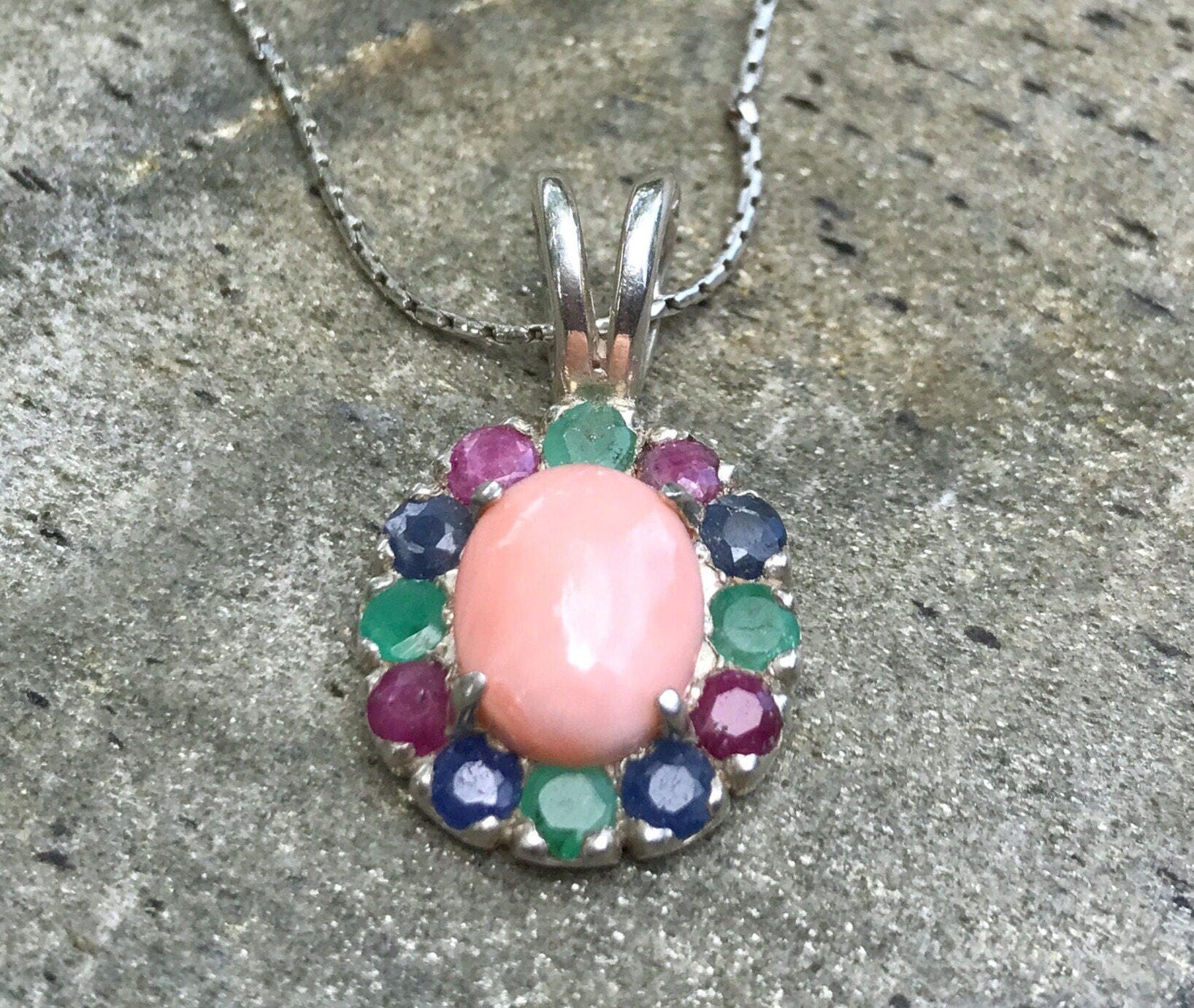 Birthstones Pendant, Coral Pendant, Natural Coral, Emerald Pendant, Pink Coral, March Birthstone, Sapphire Pendant, Ruby, Natural Stones