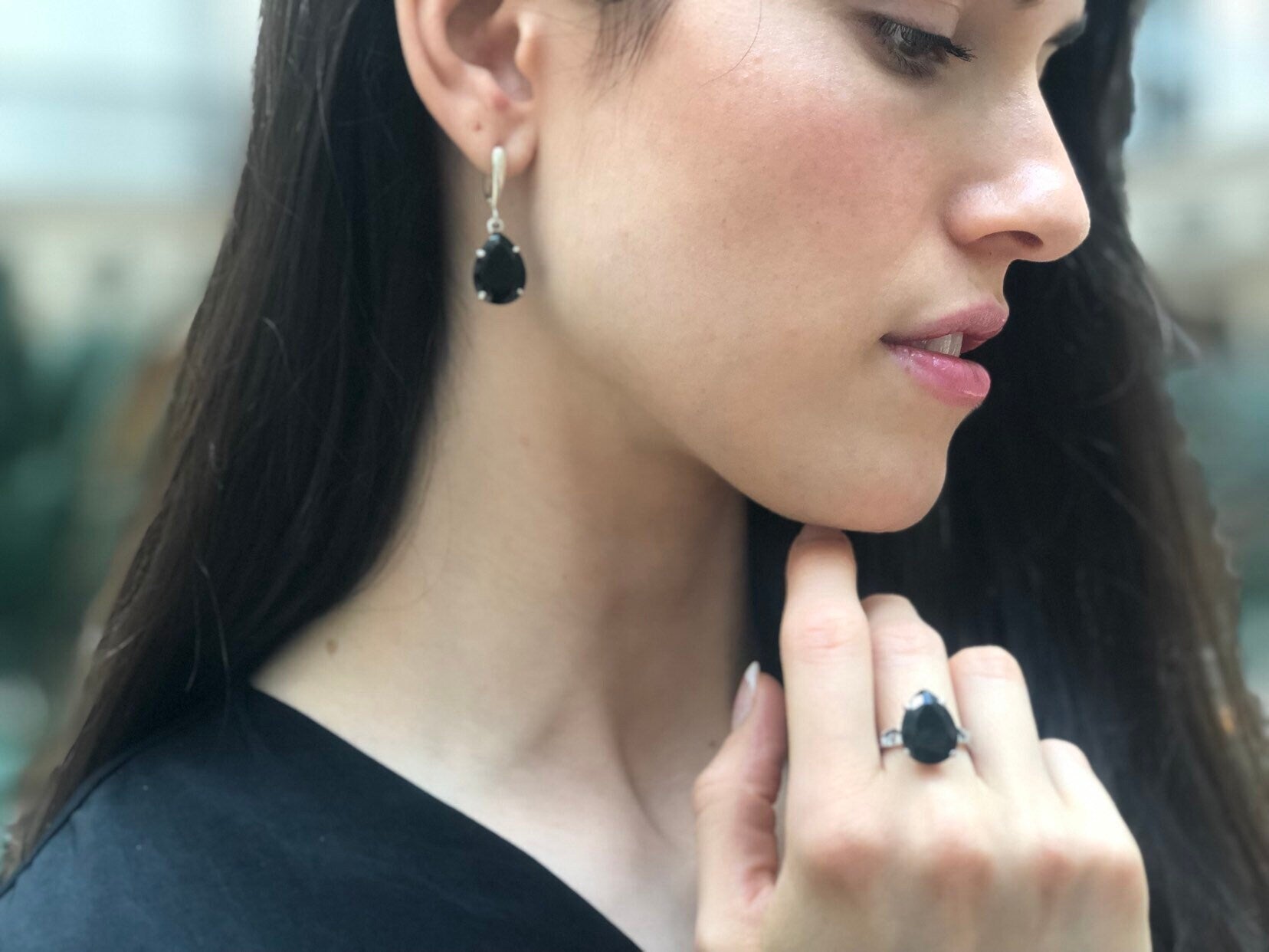 Onyx Earrings, Natural Onyx, Black Teardrop Earrings, December Birthstone, Black Dangling Earrings, Long Black Earrings, 925 Silver Earrings