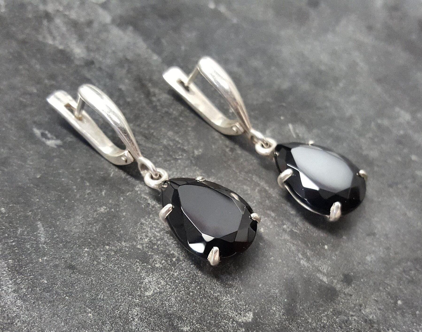 Onyx Earrings, Natural Onyx, Black Teardrop Earrings, December Birthstone, Black Dangling Earrings, Long Black Earrings, 925 Silver Earrings
