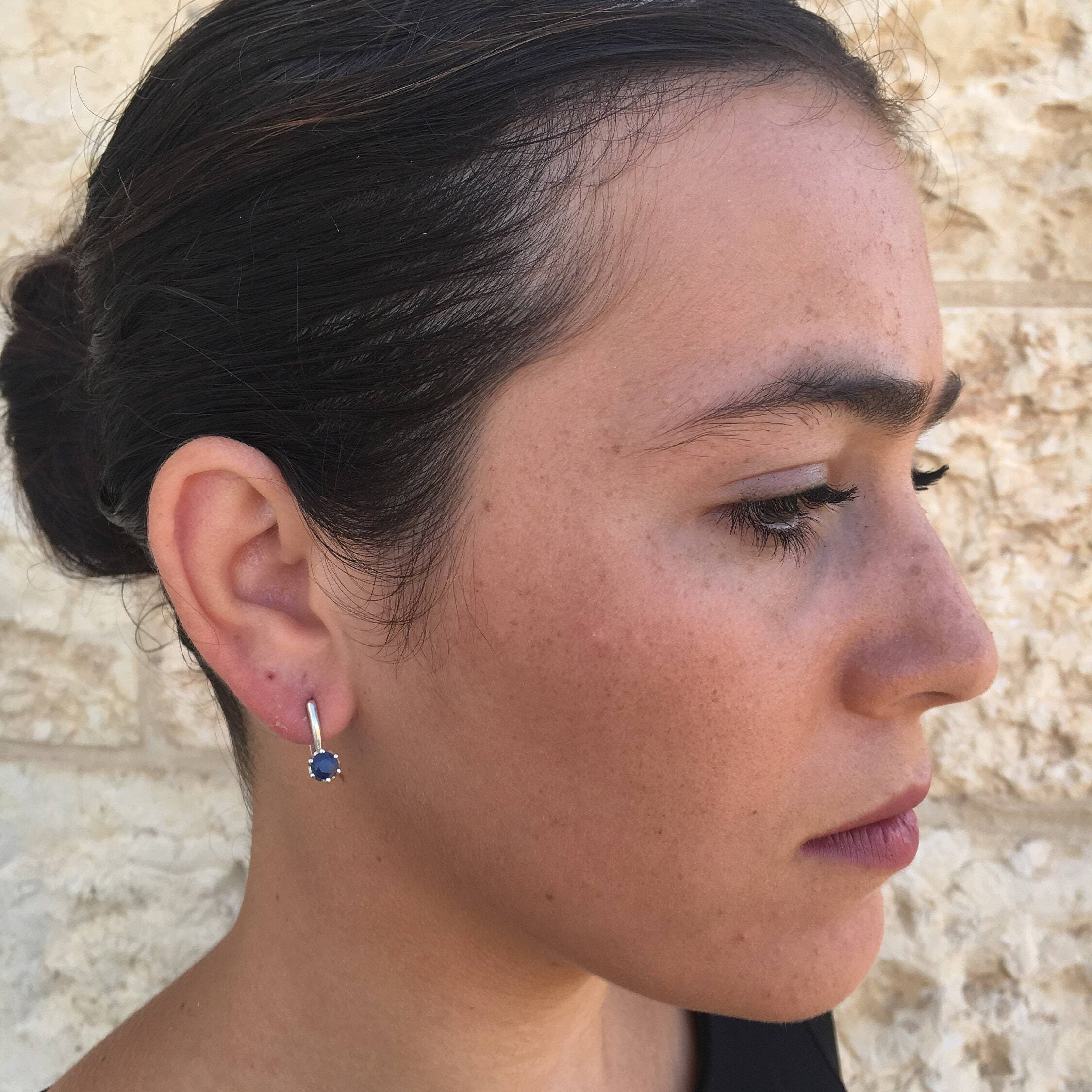 Natural Sapphire Earrings in 925 Sterling Silver, featuring a round blue sapphire, perfect for September birthdays and special occasions.