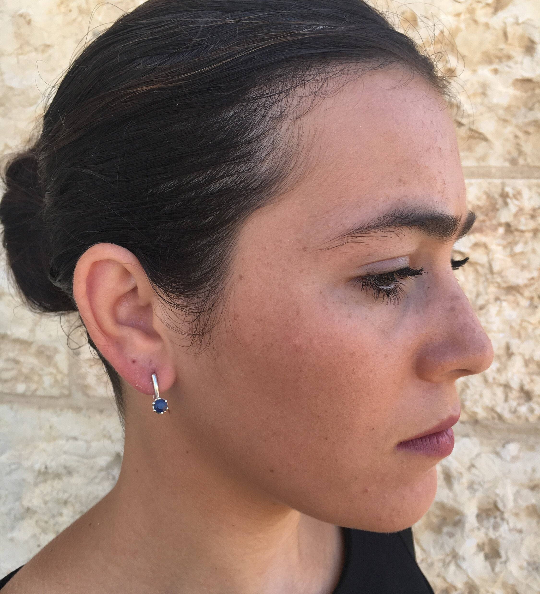 Natural Sapphire Earrings in 925 Sterling Silver, featuring a round blue sapphire, perfect for September birthdays and special occasions.