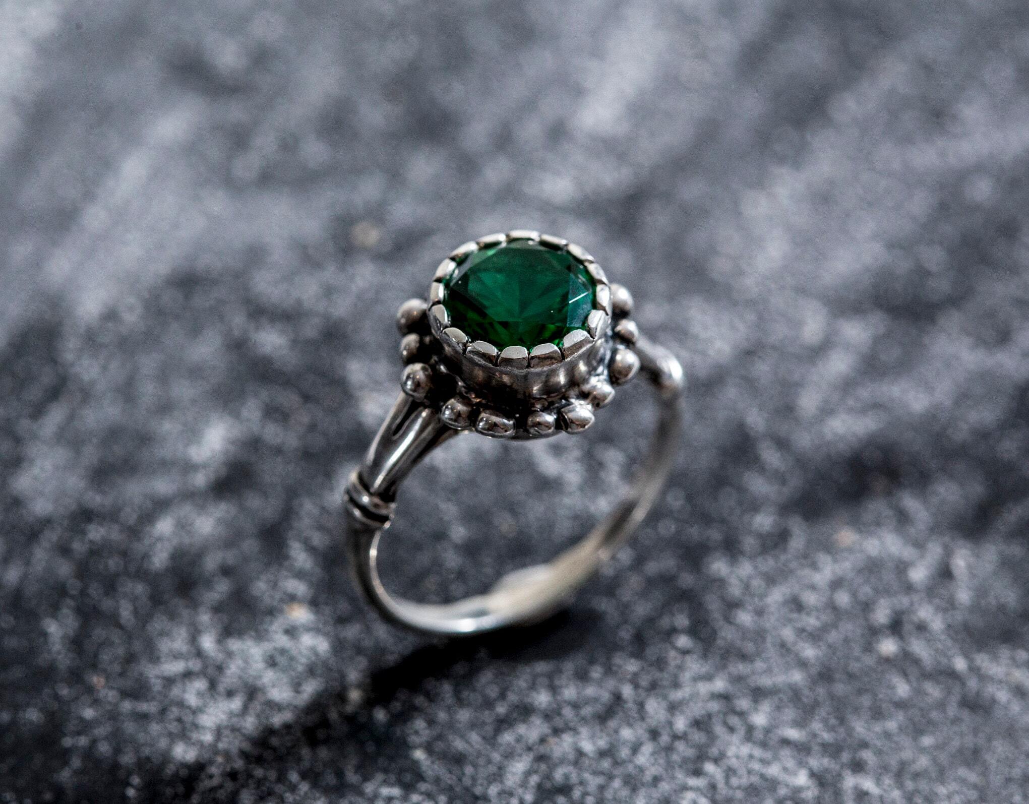 Created Emerald Ring made in 925 Sterling Silver with Round Created Green Emerald in Prong setting, May Birthstone gift idea, symbolizes, ideal for everyday wear and perfect for birthday gifting and special occasions.