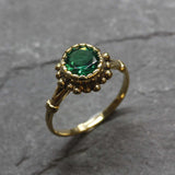 Round Emerald Gold Ring, Flower Emerald Ring, Emerald Vintage Ring