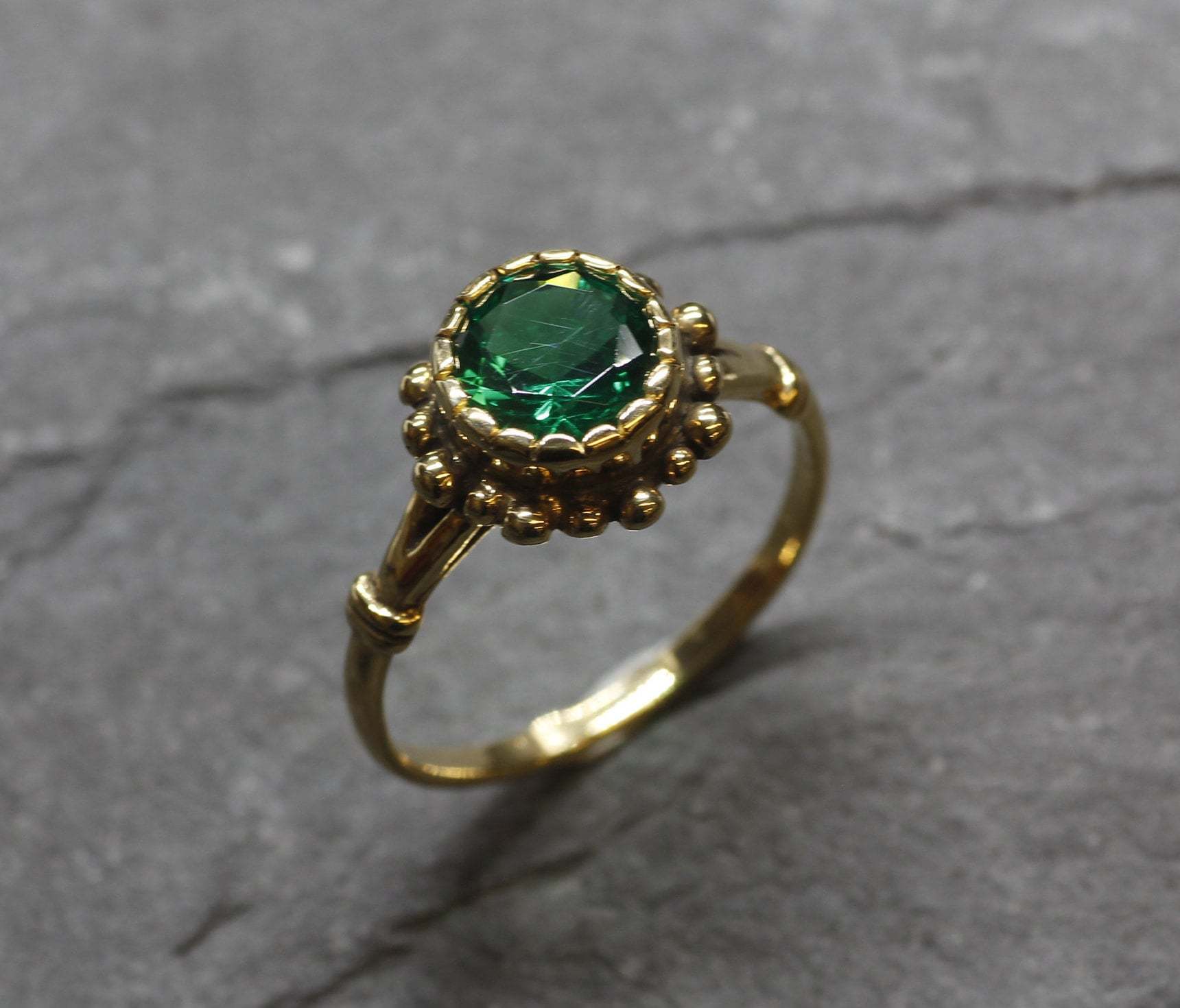 Created Emerald Ring made in 18k Gold Vermeil with Round Created Green Emerald in Prong setting, May Birthstone gift idea, symbolizes, ideal for everyday wear and perfect for birthday gifting and special occasions.