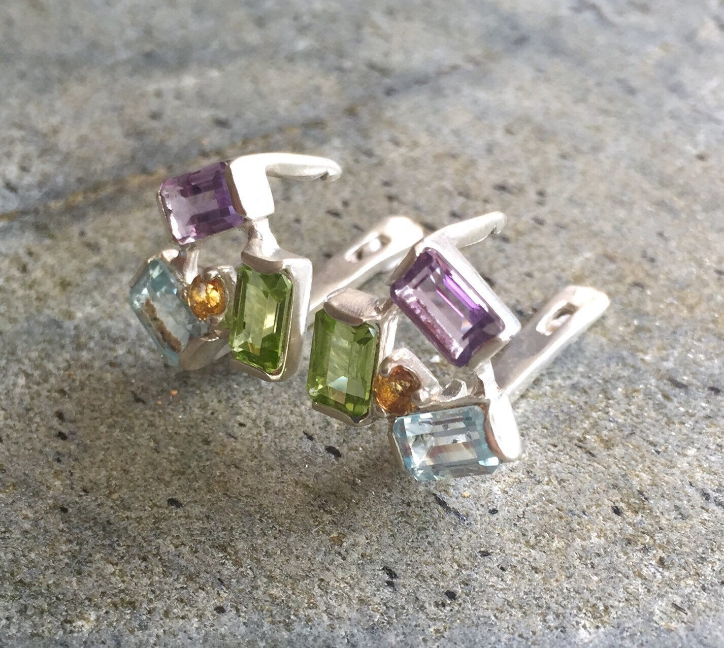 Multistone Earrings, Birthstone Earrings, Vintage Earrings, Stud Earrings, Topaz Studs,Solid Silver Earrings, Amethyst, Peridot, Blue Topaz