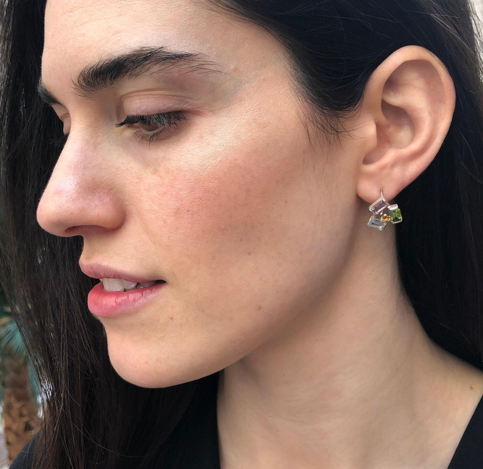 Multistone Earrings, Birthstone Earrings, Vintage Earrings, Stud Earrings, Topaz Studs,Solid Silver Earrings, Amethyst, Peridot, Blue Topaz