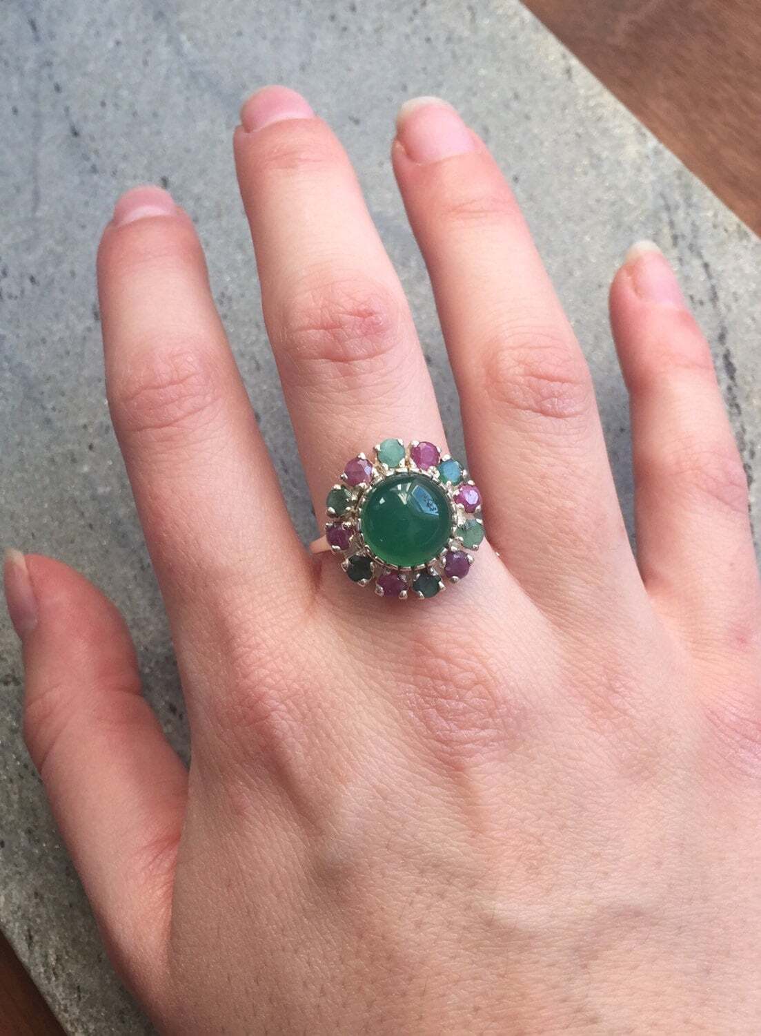Stylish 925 Sterling Silver ring featuring a Round Created Green Emerald in Halo design, perfect for daily elegance and gifting.