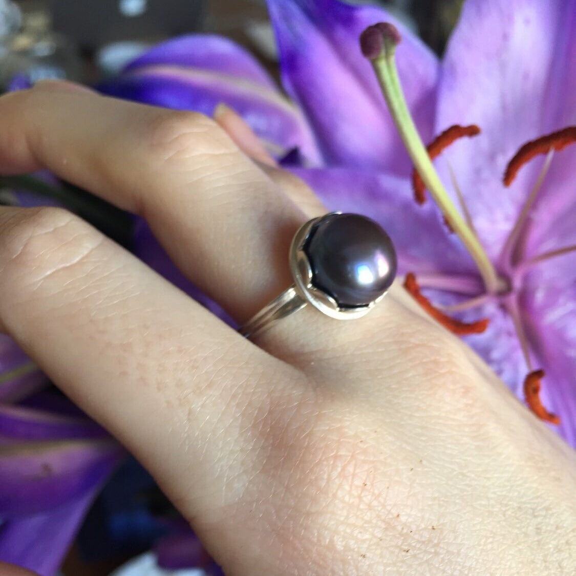 Large Black Pearl Ring, Black Pearl, Real Pearl Ring, June Birthstone Rings, Pearl Engagement Ring, Vintage Pearl Rings, Black Pearl Ring