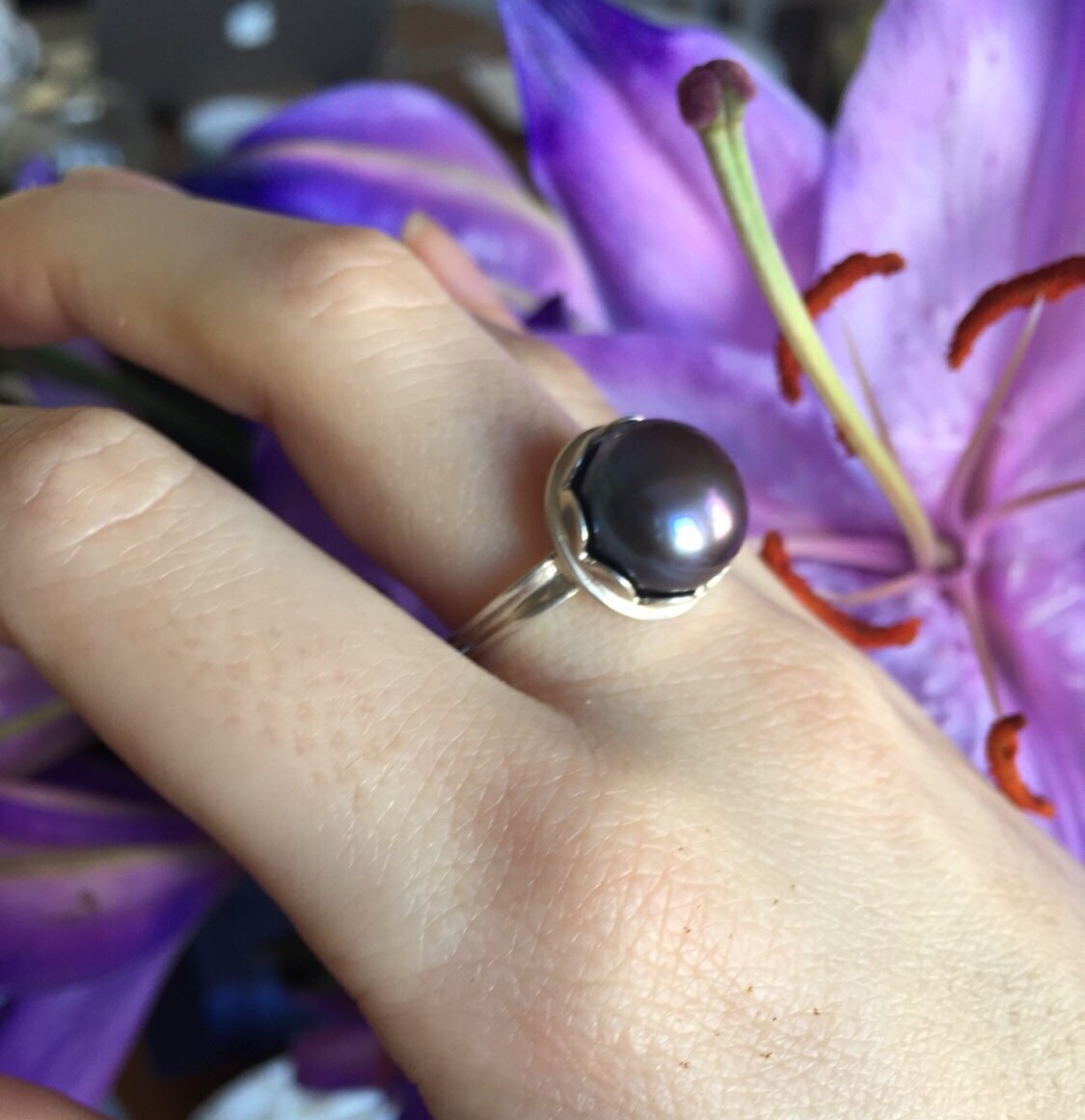 Large Black Pearl Ring, Black Pearl, Real Pearl Ring, June Birthstone Rings, Pearl Engagement Ring, Vintage Pearl Rings, Black Pearl Ring