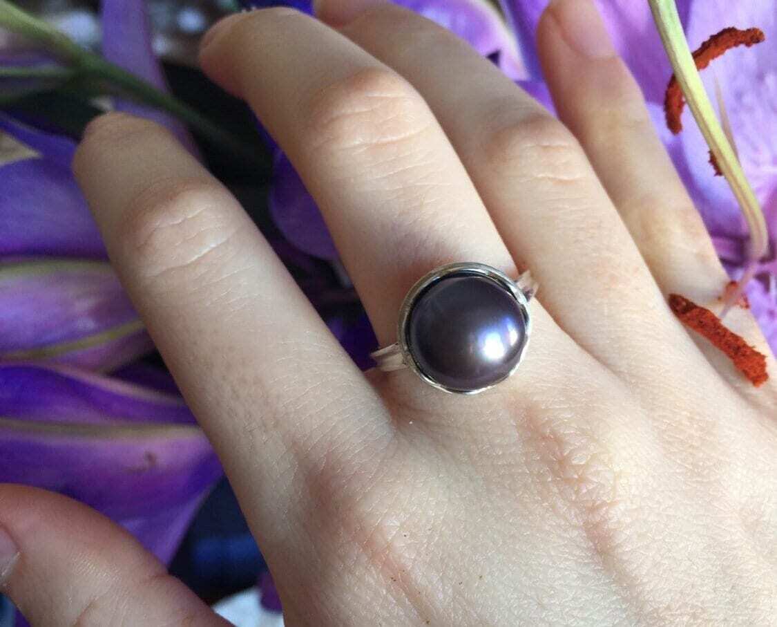 Large Black Pearl Ring, Black Pearl, Real Pearl Ring, June Birthstone Rings, Pearl Engagement Ring, Vintage Pearl Rings, Black Pearl Ring